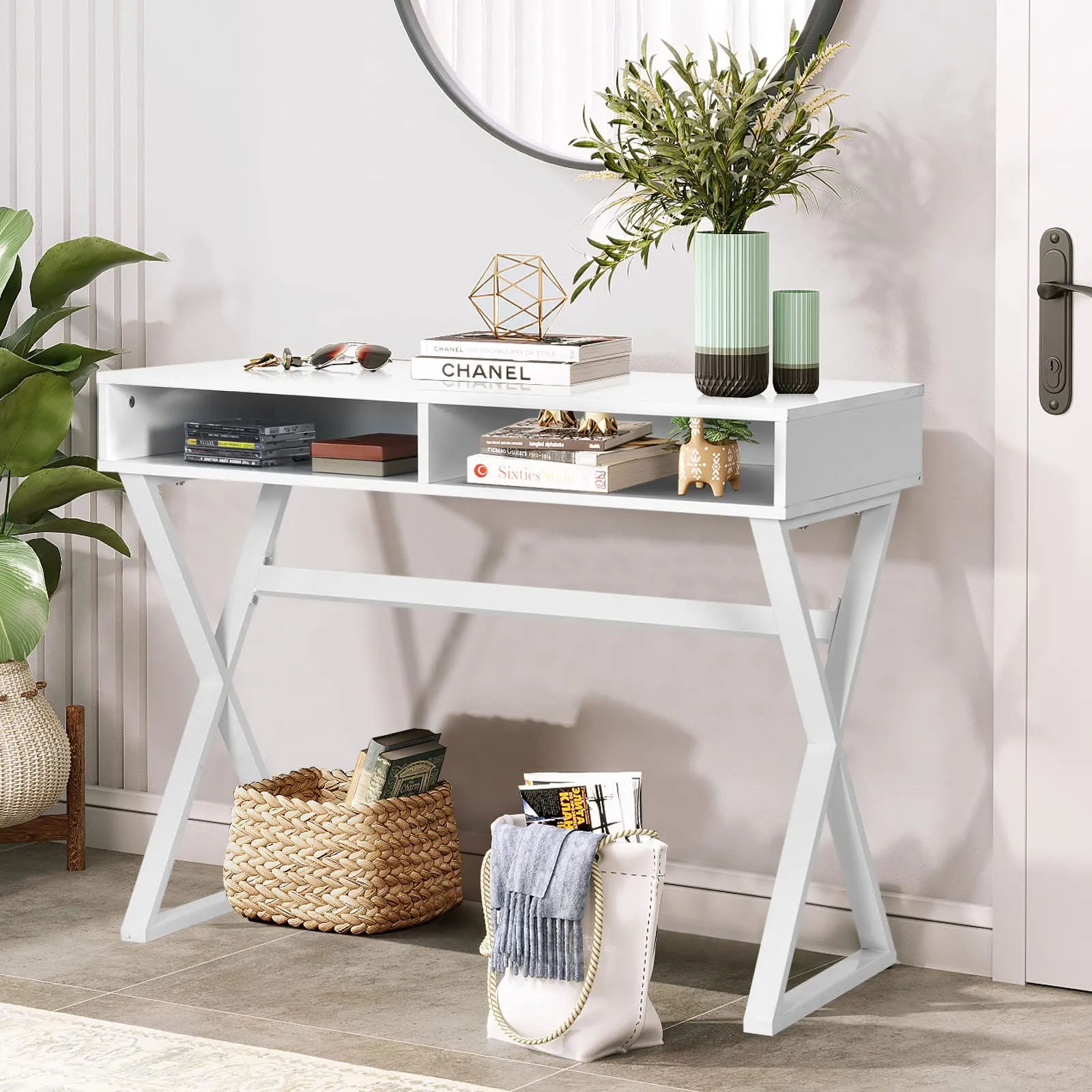 Tangkula Modern White Computer Desk with Storage Space