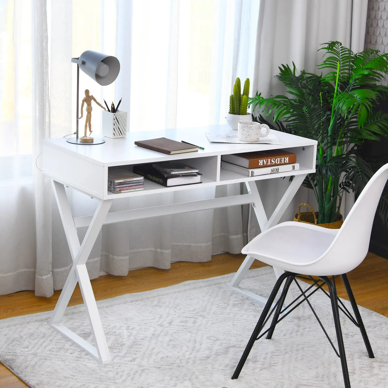 Tangkula Modern White Computer Desk with Storage Space
